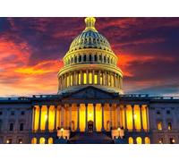 CORFOTO Sfondo in Tessuto 2.1x1.5m Edificio del Campidoglio USA Tramonto con Cupola Illuminata, Bandiera Americana e Cielo Arancione Drammatico per Fotografia Patriottica e Politica