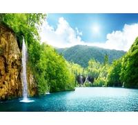 CORFOTO Sfondo in Tessuto 2.7x1.8m Lago Cascata Lussureggiante nella Foresta con Acqua Blu Chiara, Alberi Verdi e Luce Solare Brillante per Fotografia di Natura, Viaggio e Outdoor