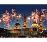 CORFOTO Sfondo in Tessuto 3.5x3m Cattedrale Messicana Fuochi d’Artificio Notturni con Esplosioni Colorate, Architettura Storica Illuminata e Piazza della Fontana per Fotografia di Festival Vibrante