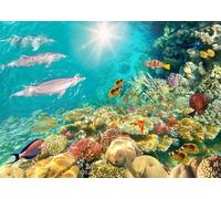 CORFOTO Sfondo in Tessuto 3x2m Scena Oceanica Barriera Corallina Sottomarina con Delfini, Pesci Tropicali Colorati e Coralli Vivaci per Accessori Foto di Festa a Tema Acquatico