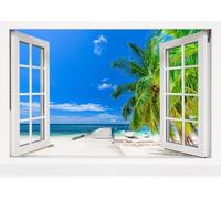 CORFOTO Sfondo in Tessuto 3x2m Vista di Spiaggia Tropicale Attraverso una Finestra Bianca Aperta con Palme, Pontile di Legno e Mare Turchese per Fotografia di Vacanze Estive