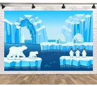 CORFOTO Sfondo tessile 2.7x1.8m paesaggio artico con iceberg, orsi e pinguini. Decorazioni per compleanni e feste a tema animali polari.