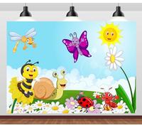 CORFOTO Sfondo tessile 3x2.5m giardino incantato con margherite e insetti. Decorazioni per scuole dell'infanzia e feste infantili.