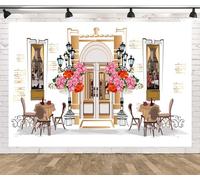 CORFOTO Sfondo tessile 4.6x3m caffè di strada francese retrò. Vecchio borgo cittadino, decorazioni per feste del tè e tavoli di dolci.