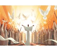 CORFOTO Sfondo tessile 6x3m Pentecoste con apostoli e seguaci di Cristo. Banner religioso per feste e comunità cristiane.