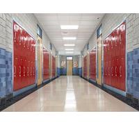 CORFOTO Tessuto 1.5x1.2m Sfondo Corridoio Scuola Moderno Armadietti Rossi con Pareti Piastrellate Blu e Luci di Soffitto Luminose per Accessori Foto Tema Laurea