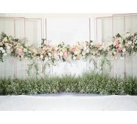 CORFOTO Tessuto 1.5x1m Sfondo matrimonio floreale romantico rosa e bianco Rose pastello morbide con verde e cornici metalliche rosa Sfondo fotografico per addio al nubilato e cerimonia