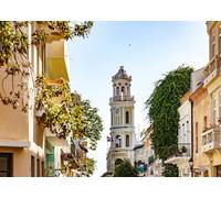 CORFOTO Tessuto 1.5x1m Sfondo Strada Coloniale Dominicana Torre dell'Orologio Santo Domingo Scena Sfondo Fotografico per Festa Fiesta Viaggio Accessori Foto