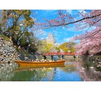 CORFOTO Tessuto 1.8x1.2m Sfondo Castello di Himeji Ciliegie in Fiore Barca sul Fiume Scena Giapponese Sfondo Fotografico per Festa Matrimonio Viaggio Culturale Accessori Foto