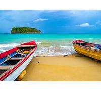 CORFOTO Tessuto 2.1x1.5m Barche da Pesca sulla Spiaggia dei Caraibi Sfondo Barche in Legno Colorate sulla Riva Sabbiosa con Oceano Turchese Sfondo Fotografico per Festa a Tema Vacanze Tropicali