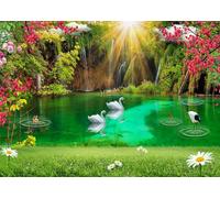 CORFOTO Tessuto 2.5x1.8m Lago Cascata Incantato Sfondo Cascata Forestale Lussureggiante con Cigni e Gru nel Lago Verde Sfondo Fotografico per Festa a Tema Natura Magica Accessori Foto