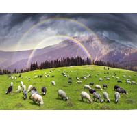 CORFOTO Tessuto 2.7x1.8m Doppio Arcobaleno Montagna Sfondo Gregge di Pecore Sotto Arcobaleno Vibrante su Colline Verdi Sfondo Fotografico per Festa a Tema Natura Accessori Foto