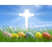 CORFOTO Tessuto 3.5x2.5m Sfondo Croce Pasquale Croce Bianca Luminosa Uova Colorate Erba Verde Tema Religioso Sfondo Fotografico per Domenica di Pasqua Festa Chiesa Accessori Foto