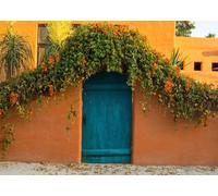 CORFOTO Tessuto 3.5x2.5m Sfondo Porta Adobe Messicana Porta Turchese Parete Arancione Arco Floreale Scena Sfondo Fotografico per Festa Matrimonio Fiesta Sud-Ovest Accessori Foto