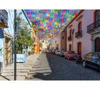 CORFOTO Tessuto 3.5x2.5m Sfondo Strada Messicana Bandiere di Carta Colorate Edifici Coloniali Scena Sfondo Fotografico per Compleanno Bambino Fiesta Accessori Foto