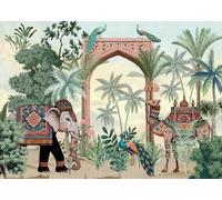 CORFOTO Tessuto 3.5x3m Sfondo Giungla Indiana Elefante Cammello Pavone Palme Paesaggio Tropicale Sfondo Fotografico per Festa Viaggio Culturale Accessori Foto