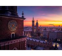 CORFOTO Tessuto 3x2.5m Sfondo Città Vecchia di Cracovia Tramonto Basilica di Santa Maria Torre dell'Orologio Sfondo Fotografico per Festa Matrimonio Viaggio Invernale Accessori Foto