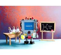 CORFOTO Tessuto 3x2m Robot Ricerca IA Sfondo Mini Robot Retrò con Attrezzatura Laboratorio Chimica e Lavagna Sfondo Fotografico per Festa a Tema Scienza Tecnologia Accessori Foto