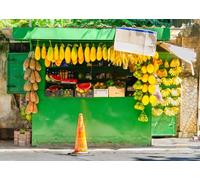 CORFOTO Tessuto 4.5x3m Bancarella di Frutta Tropicale Sfondo Mercato di Strada Vibrante con Ananas Papaya Mango Freschi Sfondo Fotografico per Festa a Tema Cibo Estivo Accessori Foto