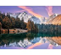 CORFOTO Tessuto 4.5x3m Lago Alpino Riflesso Sfondo Lago Specchio con Montagne Innevate e Foresta Autunnale al Tramonto Sfondo Fotografico per Festa a Tema Paesaggio Montano Accessori Foto