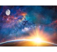 CORFOTO Tessuto 4.5x3m Sfondo alba cosmica sulla Terra Galassia di nebulosa vibrante con luna e bagliore terrestre all'alba Sfondo fotografico per festa a tema fantascientifico e fantasy