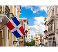 CORFOTO Tessuto 4.5x3m Sfondo Strada Dominicana Edifici Coloniali Bandiera Repubblica Dominicana Scena Sfondo Fotografico per Festa Fiesta Viaggio Accessori Foto