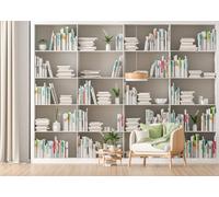 CORFOTO Tessuto 5.2x3m Biblioteca Domestica Minimalista Sfondo Scaffale Bianco Luminoso con Libri e Poltrona di Lettura Accogliente Sfondo Fotografico per Festa a Tema Arredamento Moderno