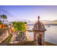 CORFOTO Tessuto 5.2x3m Fortezza Old San Juan Sfondo Fortezza Coloniale Spagnola Storica con Vista sul Mar Caraibico al Crepuscolo Sfondo Fotografico per Festa a Tema Viaggio Porto Rico