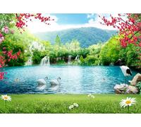 CORFOTO Tessuto 5.2x3m Lago di Montagna Primaverile Sfondo Paesaggio con Cascate, Cigni e Fiori di Ciliegio Sfondo Fotografico per Festa a Tema Natura Serena Accessori Foto