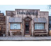 CORFOTO Tessuto 6x3m Negozio Generale Western Vintage Sfondo Facciata in Legno Arrow & Bear Co con Panca Sfondo Fotografico per Festa a Tema Far West Accessori Foto