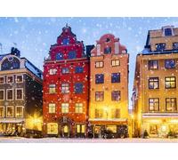 CORFOTO Tessuto 6x3m Sfondo Città Vecchia di Stoccolma Edifici Colorati Scena di Natale Innevata Sfondo Fotografico per Festa Matrimonio Viaggio Invernale Accessori Foto