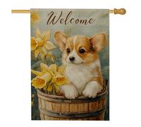 Corgi, bandiera da giardino di benvenuto con cuccioli, narcisi gialli, decorazione per la casa primaverile, bandiera in tela su entrambi i lati, decorazione per esterni, per prato, 71 x 101 cm