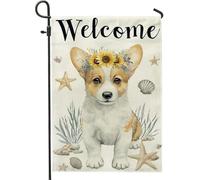 Corgi, bandiera da giardino di benvenuto, decorazione per esterni con cuccioli di girasole estivi, striscione su entrambi i lati, in iuta, decorazione per giardino, spiaggia, vacanze, prato, 30,5 x