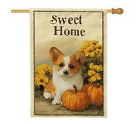 Corgi, bandiera da giardino per cuccioli, fiori autunnali e zucche, decorazione per esterni, striscione su entrambi i lati, decorazione per prato in iuta, decorazione stagionale per la casa, 71 x 101