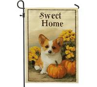 Corgi, bandiera da giardino per cuccioli, fiori autunnali e zucche, decorazione per esterni, striscione su entrambi i lati, decorazione per prato e giardino, decorazione stagionale per la casa dolce