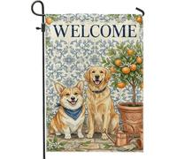 Corgi, Bandiera da giardino, Welcome Cozy Golden Retriever Orange Tree Spring Blue su entrambi i lati, bandiere decorative per esterni, patio, prato, portico anteriore, balcone, 30,5 x 45,7 cm