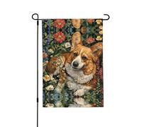 Corgi, bandiere da giardino primaverili con fiori floreali, 28 x 40 cm, su entrambi i lati, bandiere da giardino per esterni, bandiere da giardino per vacanze