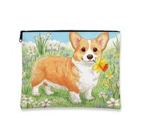 Corgi, borsa per il trucco, graziosa borsa da viaggio per cosmetici con cane e fiore, per donne, piccola borsa portatile in tela con cerniera, regalo per gli amanti degli animali, borsa da toilette