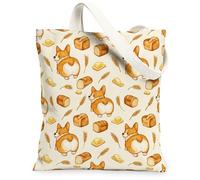 Corgi, borsa tote in tela da donna, fantasiosa e giocosa con pane e burro autunnale, beige, lavabile, riutilizzabile, estetica, idea per viaggi, lavoro, shopping, libreria, 33 x 38 cm