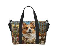Corgi, borsone da viaggio con stampa floreale e fiori primaverili, da donna, leggera, per oggetti personali, Nero , Taglia unica