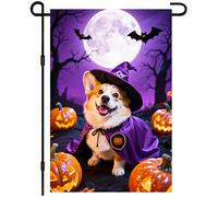 Corgi Dog In Witch Hat Surrounded By Pumpkins And Bats Under Full Moon Bandiera Da Giardino 30X45Cm Bandiere Divertenti Stagionale Bandiera Di Benvenuto Per Dormitorio Patio Prato