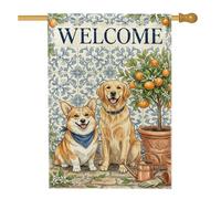 Corgi House Flag, Welcome Cozy Golden Retriever Orange Tree Spring Blue Burlap Double Face Decorative Outdoor Portico Bandiere per esterni Patio Cortile Prato Ingresso Balcone 71 x 101 cm