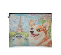 Corgi Paris - Trousse da viaggio per donne, con simpatico cane e Torre di Parigi, custodia portatile in tela con cerniera, organizer per articoli da toeletta primaverili, 17,8 x 22,