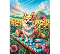 Corgi Puppy with Tea And Sunflowers Rompicapo 500 Pezzi Per Professionisti Fairy Tale Scenery Cartoon Cartone Rigido Incastro Preciso Per Esercizio Mentale Da Passatempo Qualità Museale Edizione Escl