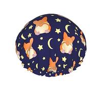 Corgi sdraiato con lune e stelle modello cuffia da bagno per donna, cuffia da a reversibile oversize impermeabile grande progettata per tutte le lunghezze di capelli