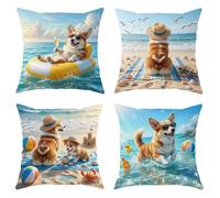 Corgi, Set di 4 federe per cuscini, estive, giocose, con occhiali da sole da spiaggia, colore blu estivo, con cerniera nascosta, cuscini decorativi per casa, soggiorno, camera da letto, dormitorio