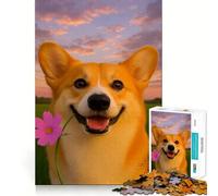 Corgi sorridente con fiore, puzzle per adolescenti, 1000 pezzi, gioco di logica, divertimento per tutta la famiglia, bordo premium, 38x52cm