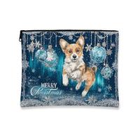 Corgi, trousse da viaggio con cane Merry Christmas, borsetta da viaggio per donne, piccola custodia portatile in tela con cerniera, organizer per la cura della pelle delle vacanze, Blu, 7x9 Inch