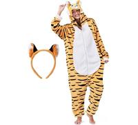 corimori Costume di tigre soffice per adulti con cerchietto | Costume di Carnevale Onesie per donna, uomo, statura 180-190 cm