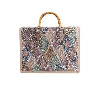 CORIOS Bohemien Borsa a Mano Donna Borse a Tracolla di Paglia PP e Lino Borse a Spalla con Ricamo di Paillettes Alta Capacità Borsa Spiaggia Etnica Borse Tote Motivo a Rombi Blu e Giallo